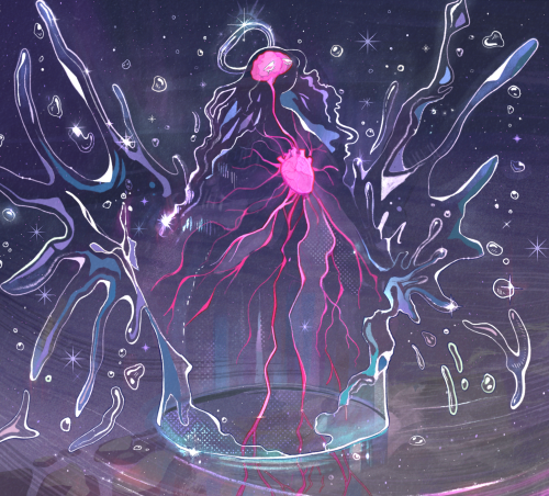 A surreal depiction of an angelic figure formed from a water splash spreads out its wings with several water droplets going everywhere. It's completely made out of water except for the glowing pinkish-red brain and heart connected by a nervous system. The red veins are dipping into the water below. It is nighttime.