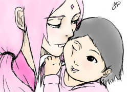 yponce01:  Mama Sakura and Little Sarada!yes i got inspired by Shingeki no Kyojin  chapter 71 from eren and his mother momentsp.s- mamasaku gives me life!!