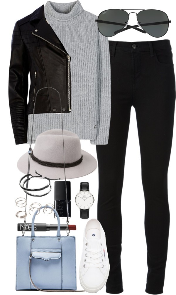 Outfit with a leather jacket by ferned featuring a black moto jacket
Loro Piana cashmere turtleneck sweater, 2 640 AUD / River Island black moto jacket, 135 AUD / J Brand high rise skinny jeans / Superga white sneaker, 87 AUD / Rebecca Minkoff...