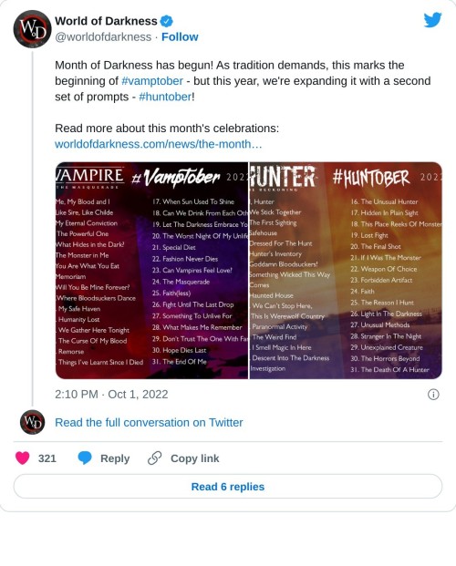 World of Darkness on X: Month of Darkness has begun! As tradition demands,  this marks the beginning of #vamptober - but this year, we're expanding it  with a second set of prompts - #