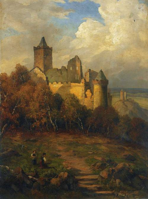 laclefdescoeurs:Burgruine im sonnigen Licht mit Figurenstaffage, Julius Kruchen