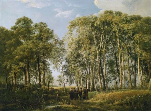 Forest landscape with a group of figures in traditional costume   -   Henriëtte Geertruida Knip , 18