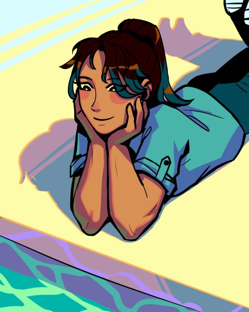 A digital drawing of Anqien, a character with straight, long black hair with teal tips tied in a ponytail. They are lying on their front with their chin propped up on their elbows, and watching ripples in a shallow pool of water. The image consists primarily of bright colours, reminiscent of an older device with a smaller colour gamut. It is shaded with hard edges.