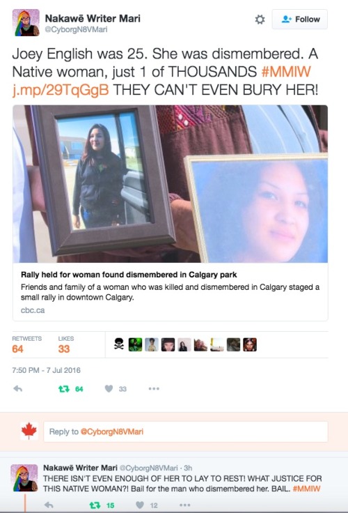 spoonmeb:  allthecanadianpolitics:  This happened in Canada; Calgary, Alberta. Tweets by Nakawē Writer Mari. Read more here: Calgary man accused in Crescent Heights body dismemberment granted bail Rally held for woman found dismembered in Calgary park