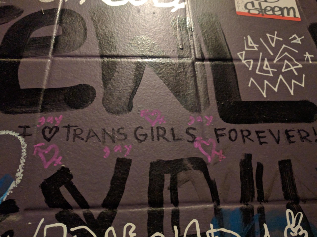 queergraffiti:  “I ♡ trans girls forever!”  found in the bathroom at Muddy