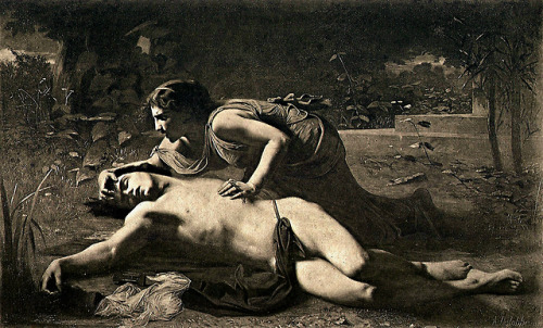 hadrian6:Pyramus and Thisbe. 1878. Francois Alfred Delobbe. French. 1835-1915. B&amp;W photo print. 