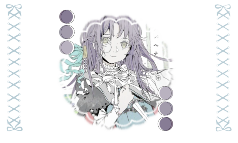 a graphic of the main art used in the music video for the song "Gehenna" by wotaku. a girl with purple hair is holding a dagger, and the background behind her seems to be an underwater palace, with a grey fish next to her, and light green pillars behind her. i have edited the art to cropped in a circle, with two ribbons that are laced up criss-cross spaced away from the main art. right next to the main art are 3 circles with purple that get darker each time.