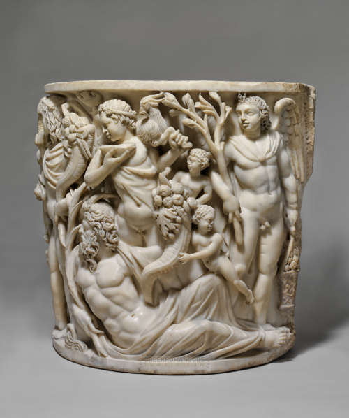 greekromangods: Sarcophagus with the Triumph of Dionysos and the Seasons Roman; Late Imperial, Galli