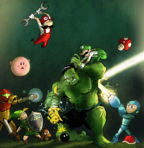 bluedogeyes:  March Madness by Darren Rawlings “Hulk SMASH puny video game creatures!!” Artist blog / facebook / tumblr 