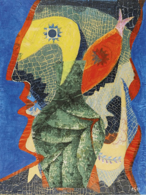 ochyming:Eileen Agar 1904-1991 FISHERMAN, 1957 Oil, crayon, pencil and collage on paper laid down on