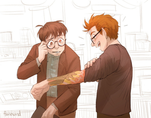 feriowind: commission done for @sarah1281 of newt showing off his tattoos to hermann!