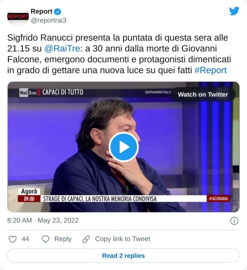 Sigfrido Ranucci presenta la puntata di questa sera alle 21.15 su @RaiTre: a 30 anni dalla morte di Giovanni Falcone, emergono documenti e protagonisti dimenticati in grado di gettare una nuova luce su quei fatti #Report pic.twitter.com/d6uq85FwGK  — Report (@reportrai3) May 23, 2022