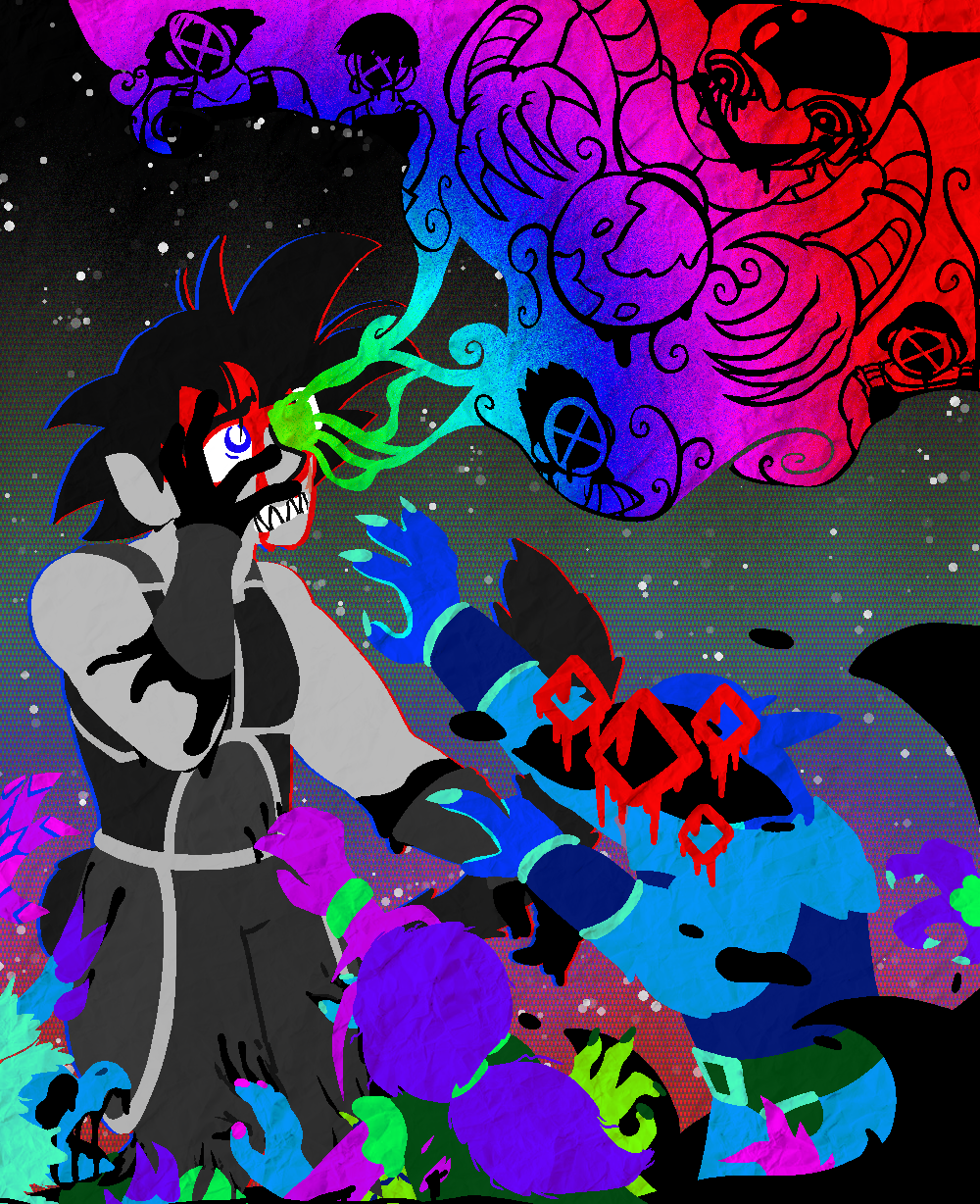 a grayscale bardock standing in a tide of black blood, his hands covered in the stuff. rising around him are brightly-colored zombies of the many different alien species he helped genocide, clutching at his pantlegs and leaving trails of blood where they touch. among these zombies is toolo the kanassan, who has grabbed bardock by the arm and is reaching upwards towards his face. toolo's own face is completely blanked out with crudely stylized red eyes overlaid. bardock himself is staring upwards with horror, however, blood pouring down his face (akin to his red headband) and staring at a rainbow-colored psychic vision that appears to be smoking out of his scouter. in this vision are all of his crew with their faces blanked out, along with a grotesquely stylized frieza looming over planet vegeta.