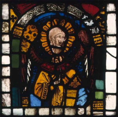 An unidentified saint on a stained glass window in the Notre Dame de Strasbourg, 1300s