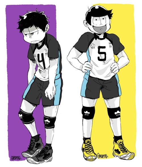 sagasogo:  MATSUNO HAIKYUU!!  I rarely to post fanart Of Osomatsu-san, But I really want to draw this crossover since a long time ago hahah.   Btw Akumatsu and Kamimatsu are on different Team.  Akumatsu probably is the Killer Ace on his team and Kamimatsu