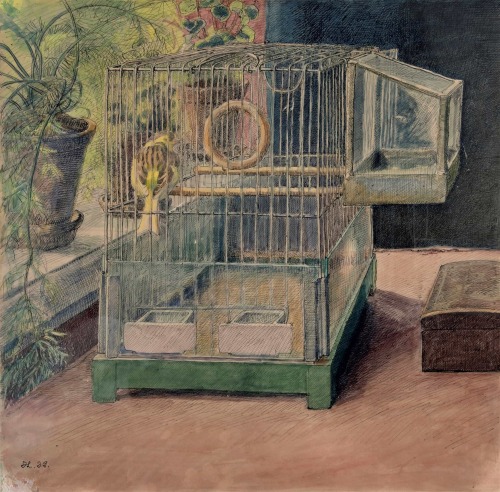 Bird cage and potted plant   -  Johannes Larsen, 1939.Danish,1867-1961Ink with watercolor, 52 x 52 c