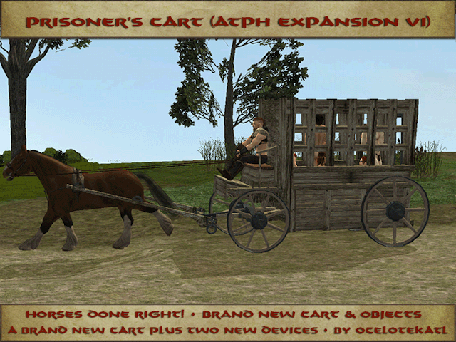 Happy Friday!  A new set; probably not what you were expecting.Prisoner’s Cart (AtPH Expansion VI)A small set including one new cart with cart components, a couple of add-ons for the flatbed cart, and some new accessories. Obvious big red warning label: depicts deprivation of liberty and implied non-con secks stuff. Clicking the link implies that you have read and acknowledged this. The link redirects to BHSA Pixel Smut (no explicit images because Wordpress).Prisoner’s Cart (AtPH Expansion VI)The upload is mirrored at Pillowshart (Explicit images).Prisoner’s Cart (AtPH Expansion VI) #sims 2 #sims 2 objects  #Barbarians at the Gate  #Blue Heaven Sims Adult- Pixel Smut