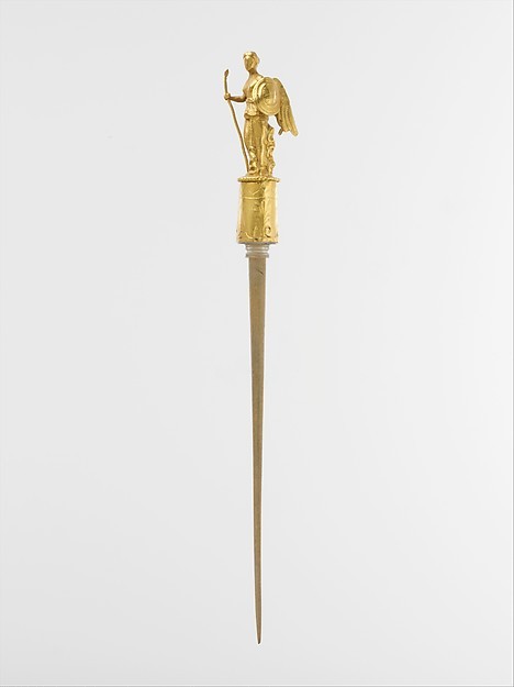 ancientpeoples:Gold head of a pin with the figure of Nike (pin shaft is modern)1st Century ADEarly I