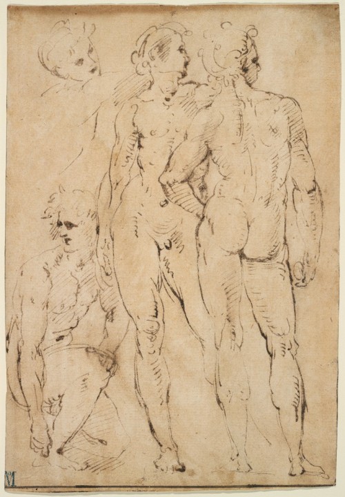 Group of Three Standing and One Crouching Nude Figures; verso: Two Standing Nude Figures, Raphael, 1