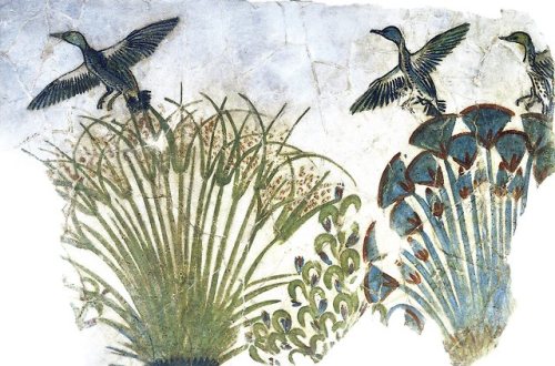 Nile marshes represented by papyrus and lotus plants. Fragment of paving from the palace of Maru-Ate