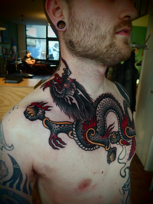 guyletatooer:  Tibetan dragon . Done on Thye at Papanatos . 