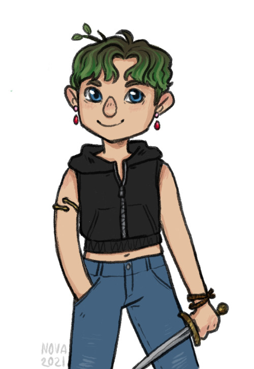  [ID: a digital drawing of a person with pale skin and short green hair with a twig sticking out of 