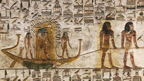 The Journey of Amun-ReRelief depicts the solar barque of the sun god Amun-Re in his ram-headed form 