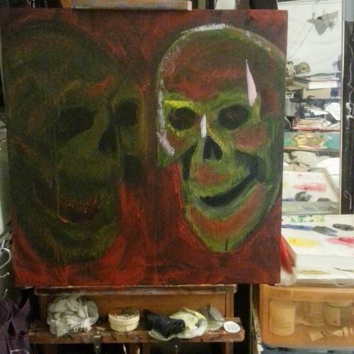 Another painting started. Now i get to rotate between a self portrait and a pair of skulls. #painterslife #painting #acrylic #skulls