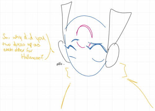 a doodle of looks to the moon looking slightly amused. one of her eyes is slightly twitching in a laughing manner, and one of her eyebrows are raised amusedly. there is a small "pfft-" beside her, alongside a speech bubble that says "so, why did you two dress up as each other for halloween?"