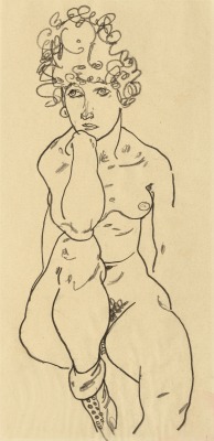 thunderstruck9:  Egon Schiele (Austrian, 1890-1918), Sitzender Akt vor vorn [Seated Nude, Front View], 1917. Black crayon on paper, 42.5 x 20.3 cm. 