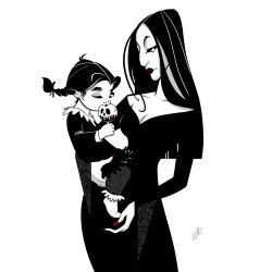 satindesire:  brittajj26:  Morticia and baby Wednesday! I had so much fun drawing these two.  HAPPY EARLY HALLOWEEN, EVERYONE!  Oh My God this is so good! 