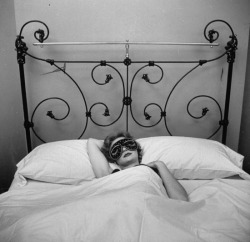 theniftyfifties:  Model wearing a sleep mask, 1953.