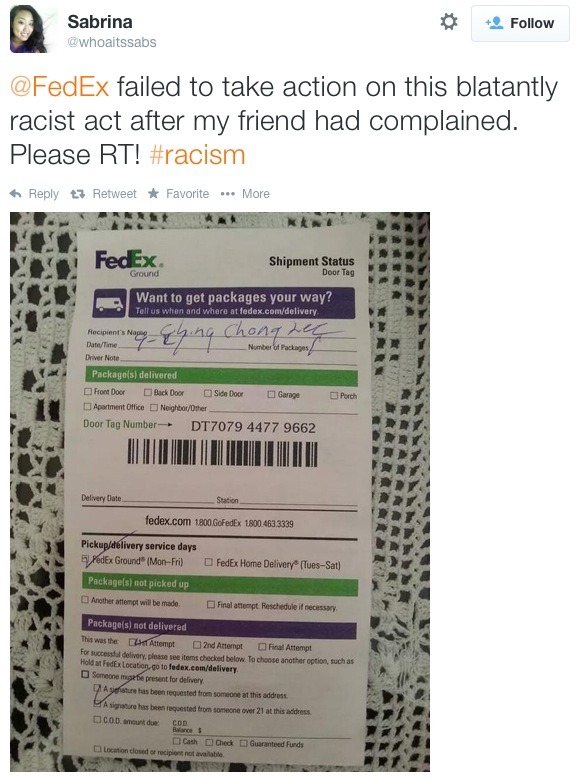  koreaunderground:  Fedex Employee Refers to Package Recipient as “Ching Chong”