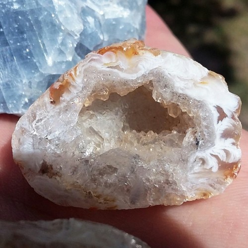 smoketogethighcustheworldissolow:  Blue calcite, coco geode, and hiddenite