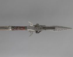 art-of-swords:  Hunting Spear of Nicolas De LorraineDated: circa 1570Maker: unknownMedium: iron, wood, ivory, bone and velvetPlace of creation: Augsburg, Bavaria, GermanyMeasurements: height: 2.23 m; width: 0.16 m; weight: 4.6 kgThe spear belonged to