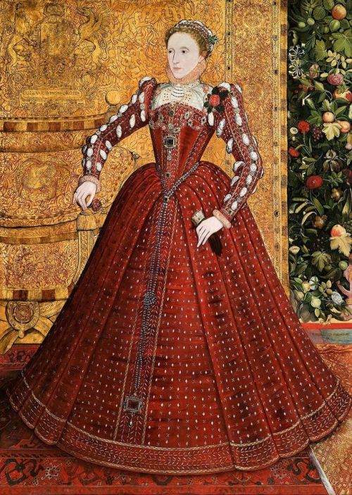 Earliest known full-length portrait of Queen Elizabeth I, of England, c.1563.In the background is a 