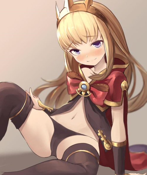 グランブルーファンタジー、カリオストロ（グラブル）、スジ、おへそ、パンツ、クローク、ティアラ、ロングヘア、サイハイソックス、arm support、gomagomagoma4、一人、下着、女一人、女性、座る、紫目、シンプル背景、腕甲、金髪、黒いパンツ、黒いレッグウェア、黒いサイハイソックス