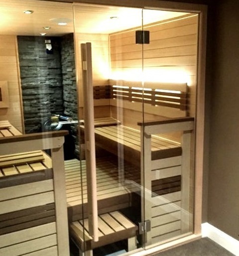 Scandinavian BathroomWith Brown Walls And A Hinged Shower Door, This Large Danish Bathroom Photo Has