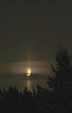 sixpenceee:  Moon pillars are a type of light pillar. Moon pillars occur when the Moon is low enough in the sky to be close to the horizon.  The ice crystals involved are generally flat or columnated, allowing a vertical beam of light to reflect above