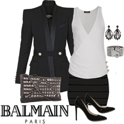 chickforchrist:  Balmain Paris by sherri40 featuring crystal earrings ❤ liked on PolyvoreBalmain top, 躼 / Balmain black kimono jacket, ū,525 / Balmain mini skirt, 逤 / Balmain black shoes, 轵 / Pierre Balmain leather handbag / Balmain bracelet,