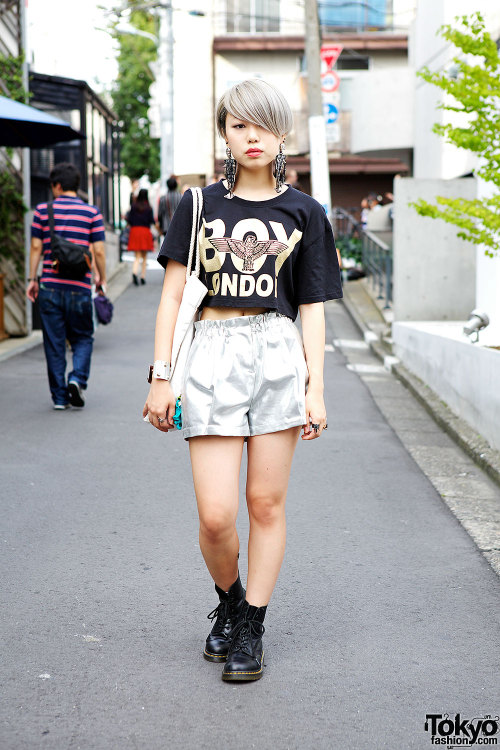 Japanese high school student Yuuka on the street in Harajuku w/ Boy London crop top, Bubbles Harajuk