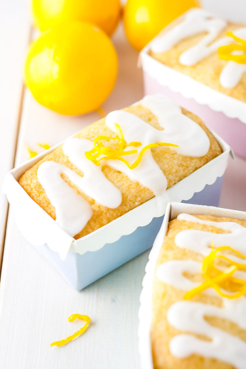 intensefoodcravings:  These Mini Meyer Lemon Loaves are drenched in a sweet lemon syrup and topped with a sugary glaze. RECIPE: http://livforcake.com/2016/02/mini-meyer-lemon-loaves.html