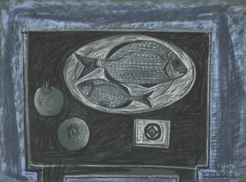 thunderstruck9:John Craxton (British, 1922-2009), Fishes and Pomegranates on a Table, 1952. Pastel o