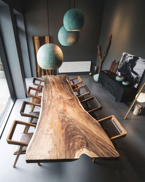 thedesignwalker:Suar dining table and oxided copper lamps by @formelwood