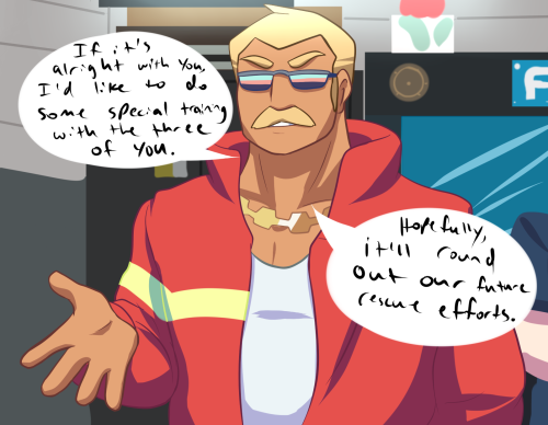that-one-promare-comic:First panel: Meis: Ice?Lio: Was everyone okay?Galo (off-panel): Oh, yeah