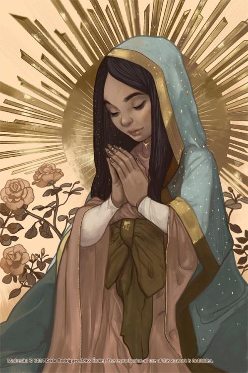 blessedarethebinarybreakers:“Madrecita” by Miss-Etoile on DeviantArt. [image is a painting of Mary k