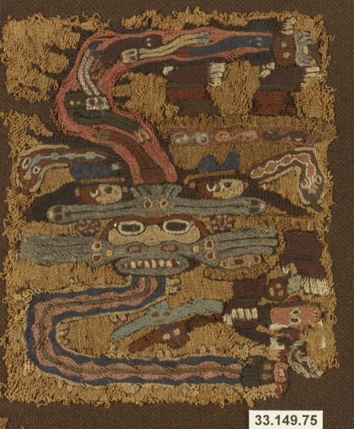 historical-nonfiction:Embroidered mantle fragment, made from camel hair. Peru, circa 600s - 300s BCE