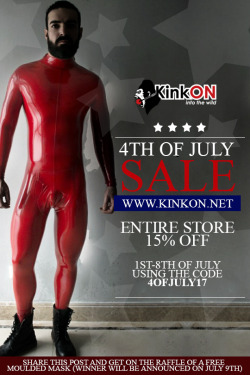 thekinkon:Our yearly 4th of July sale starts now! 15%off on the entire store at www.KinkOn.net using the code 4OFJULY17 ** follow our Tumblr and Share this post to participate in the raffle of a human moulded hood! (shipping worldwide)