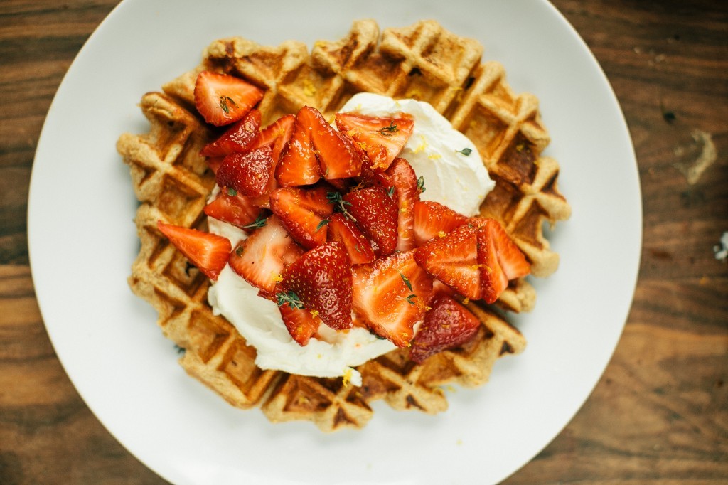 foodopia:  whole wheat waffles with mascarpone, thyme, and strawberries: recipe here