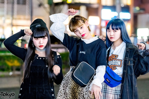 tokyo-fashion:  18-year-old Misaki, 18-year-old Gawa, and 17-year-old Kaeru on the street in Harajuku wearing mostly vintage fashion along with items from UNIF, Mabataki, Bubbles, Puma, Pinnap, Kinji, Chicago, and Faith Tokyo. Full Looks